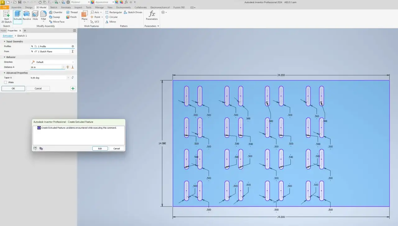 Inventor mostra un errore durante l'estrusione di un pattern di forme. Il messa in tavola inventor è interrotto.