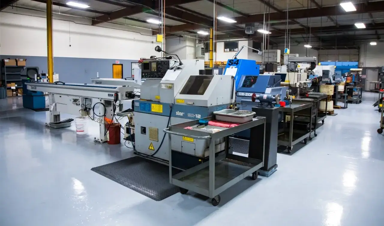 Officina moderna con macchine CNC. Un operatore CNC svizzero potrebbe lavorare qui, gestendo la produzione di precisione.