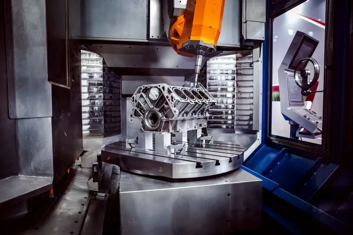 Un blocco motore in lavorazione su una macchina DMG MORI. Un braccio robotico arancione lavora con precisione il metallo.