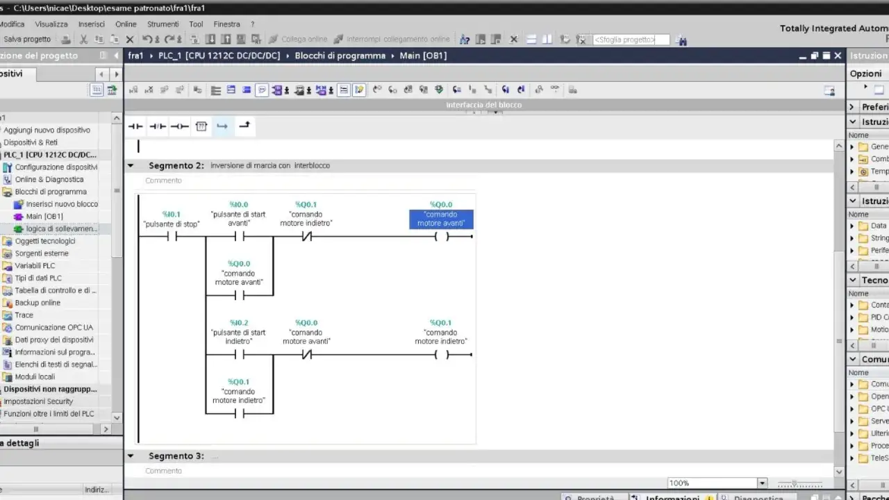 Programmatore PLC: un diagramma logico mostra comandi motore avanti/indietro. Lo stipendio di un programmatore PLC è un tema di interesse.