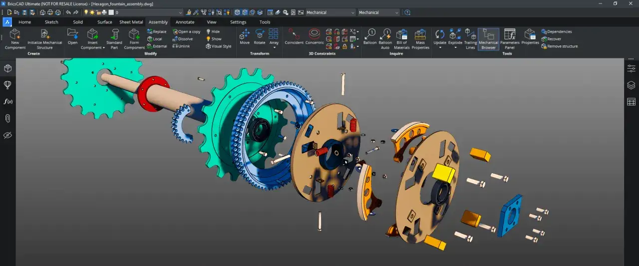 Modello 3D esploso di un meccanismo complesso, con ingranaggi e componenti, visualizzato in un software CAD. Questo mostra cos'&egrave; Autodesk e la sua capacit&agrave; di progettazione.
