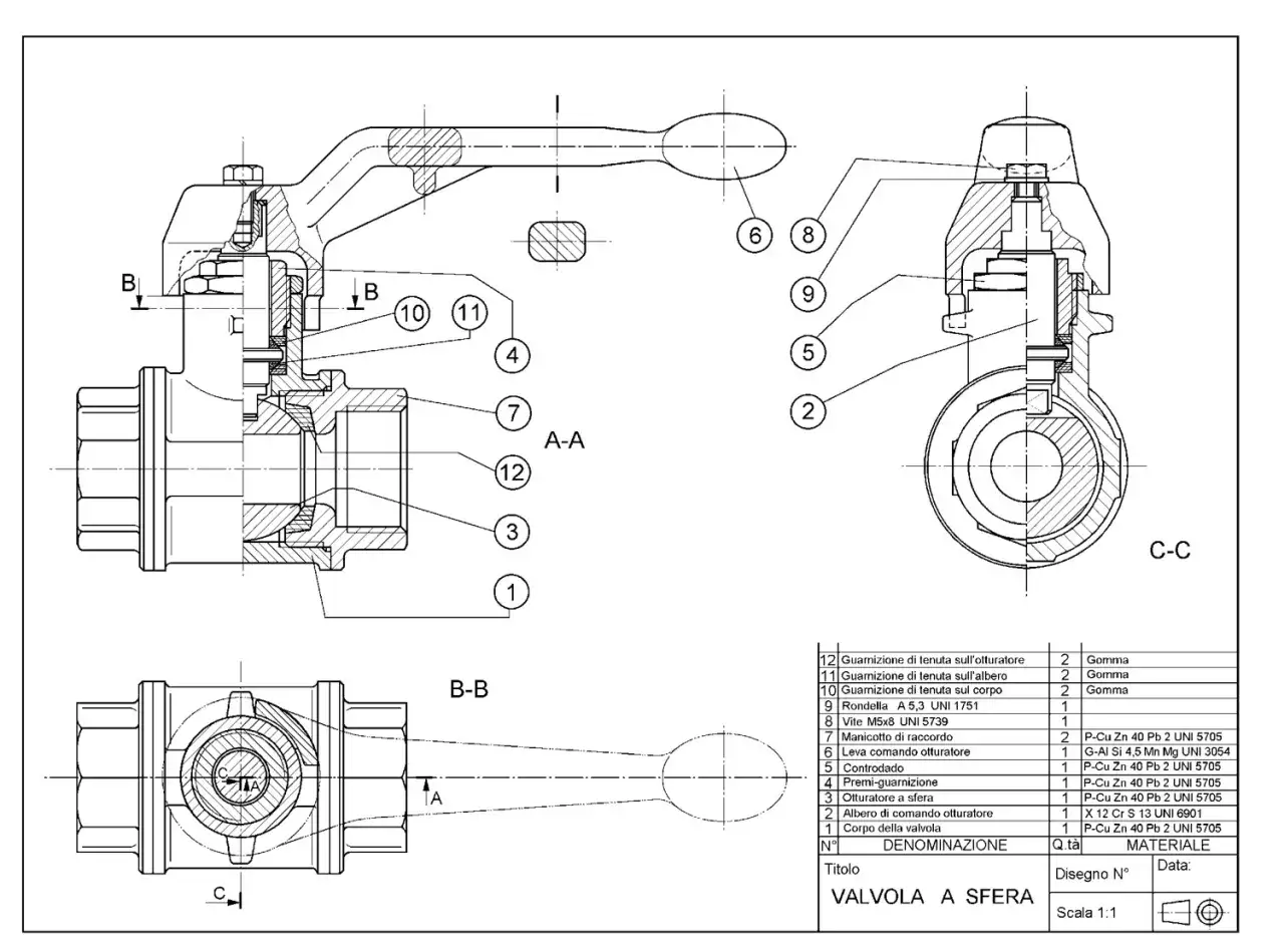 Disegno tecnico di una valvola a sfera, realizzato da un disegnatore CAD freelance. Dettagli costruttivi e componenti numerati.