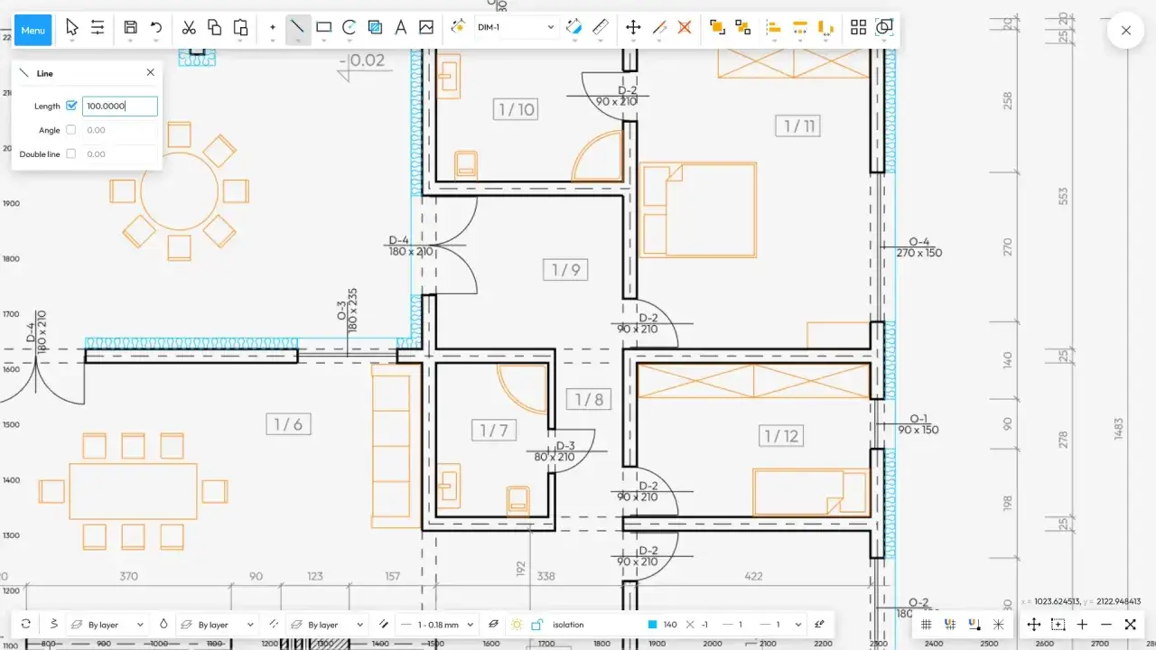 Schizzo di un progetto architettonico, con la finestra di dialogo 