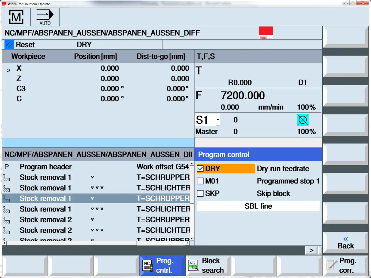 Esempi di programmazione CNC Siemens: interfaccia WinNC con controllo avanzamento a secco (DRY) attivo e parametri di lavorazione visibili.