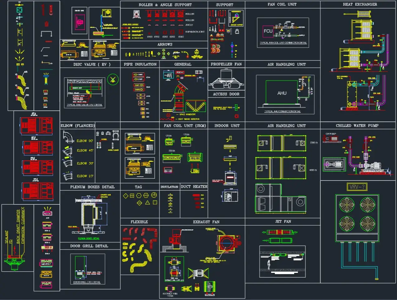 Disegno tecnico CAD con vari componenti HVAC: ventilatori, scambiatori di calore, unità di trattamento aria, tubazioni e accessori.
