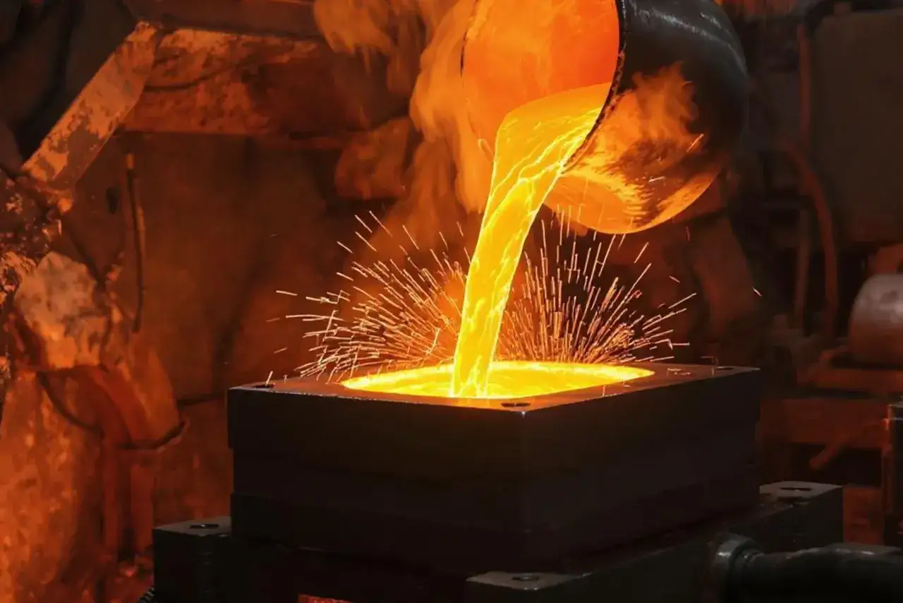 Colata di alluminio fuso in uno stampo, mostrando la sua elevata temperatura di fusione e scintille incandescenti.
