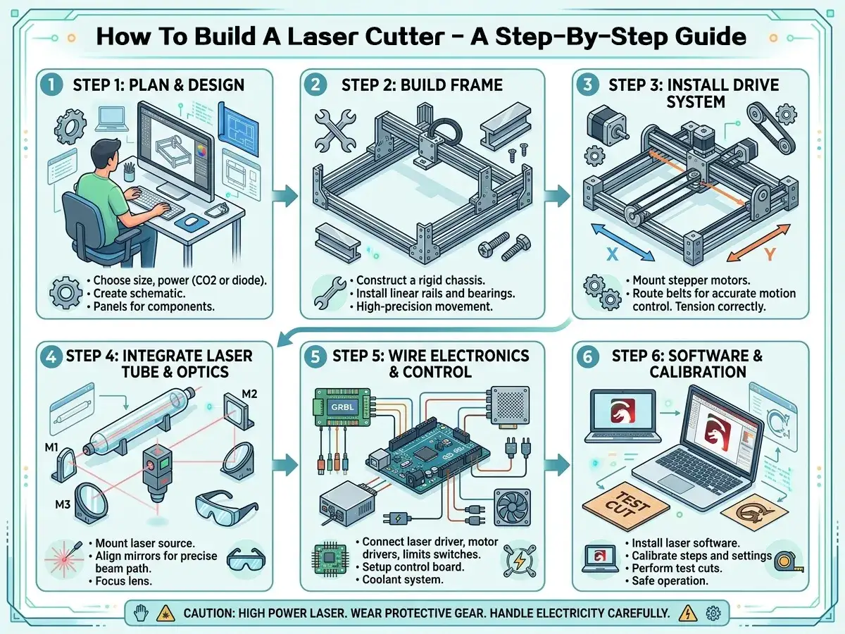 Guida passo passo per realizzare progetti taglio laser: pianificazione, telaio, sistema di trasmissione, ottica, elettronica e software.