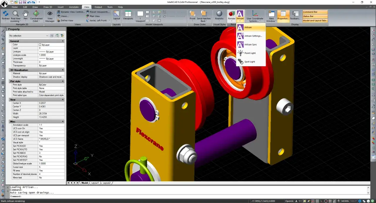 Render di un carrello Flexcrane con AutoCAD, con menu Artisan aperto per impostazioni di illuminazione.