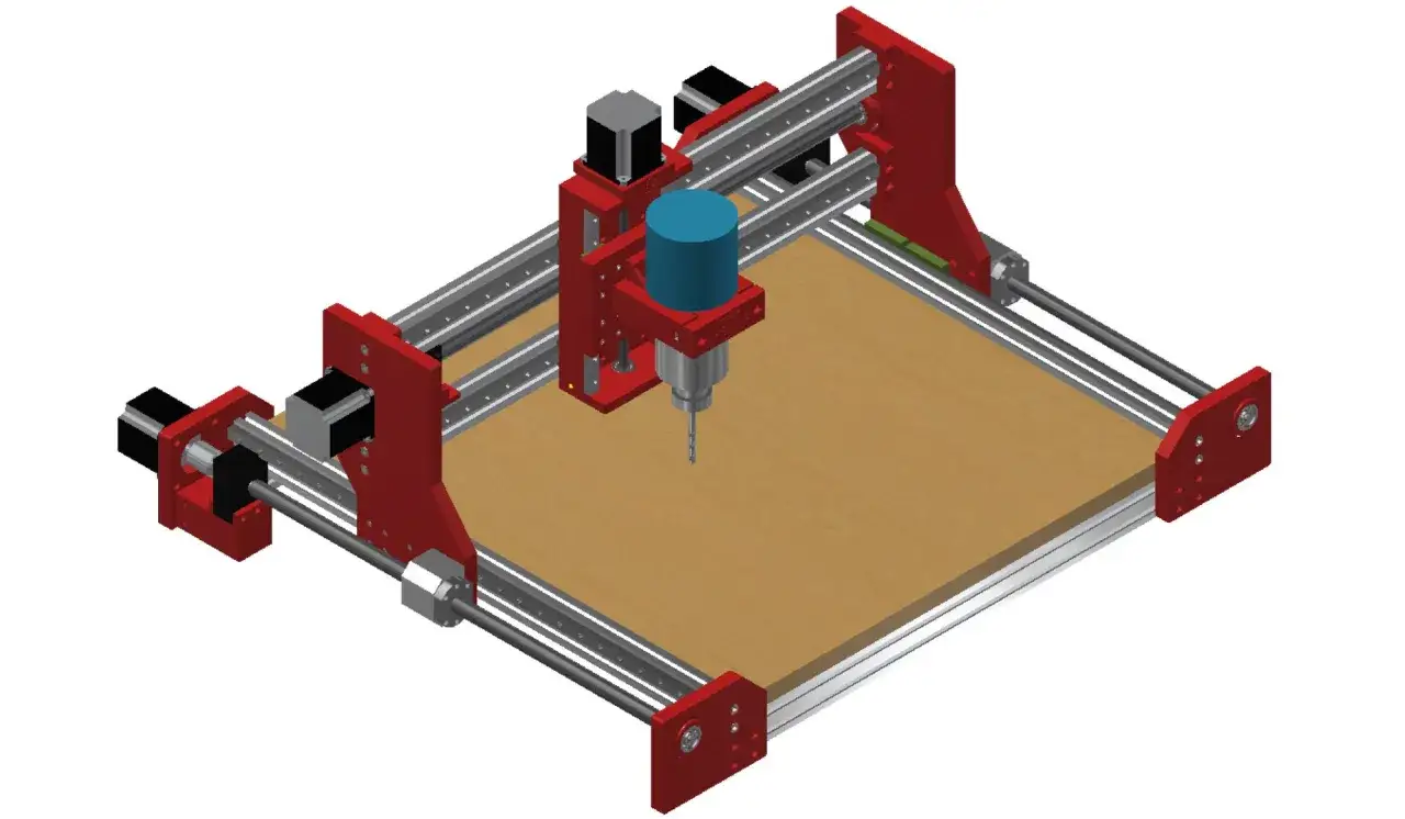 Prototipo di fresa CNC fai da te con mandrino pronto all'uso su una base in legno.