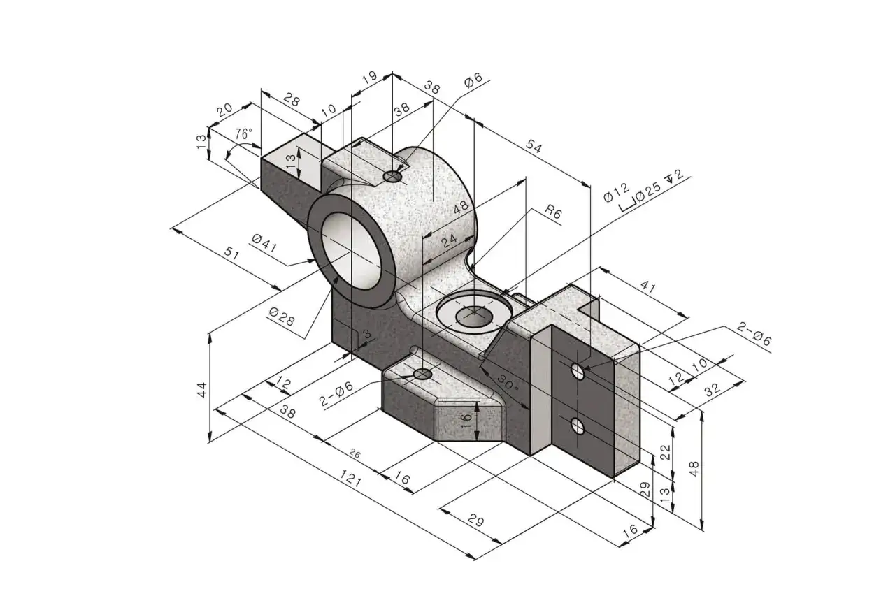 Disegno tecnico di un componente meccanico con quote, tipico di un progetto creato da un inventor AutoCAD.