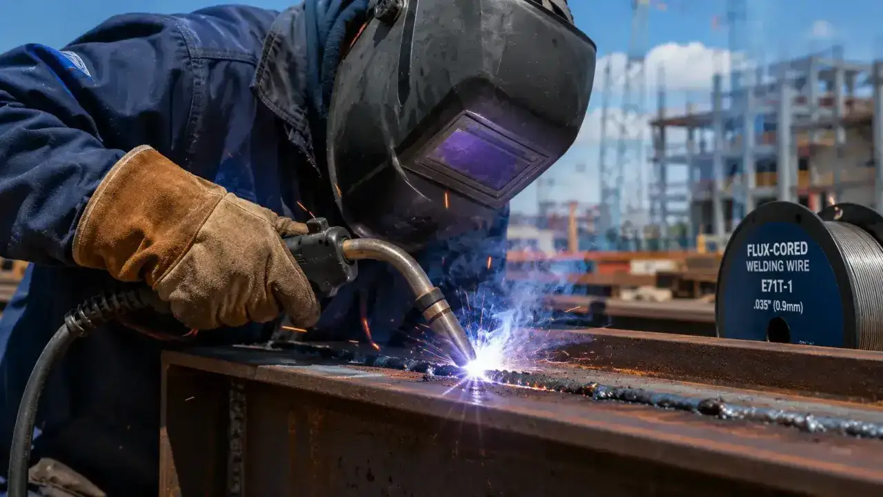 Saldatura FCAW su un cantiere edile. Un operaio con maschera e guanti crea una giunzione metallica con scintille luminose.