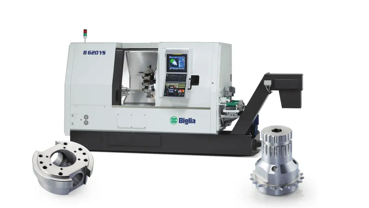 Macchina biglia torni B 620YS con pezzi lavorati.