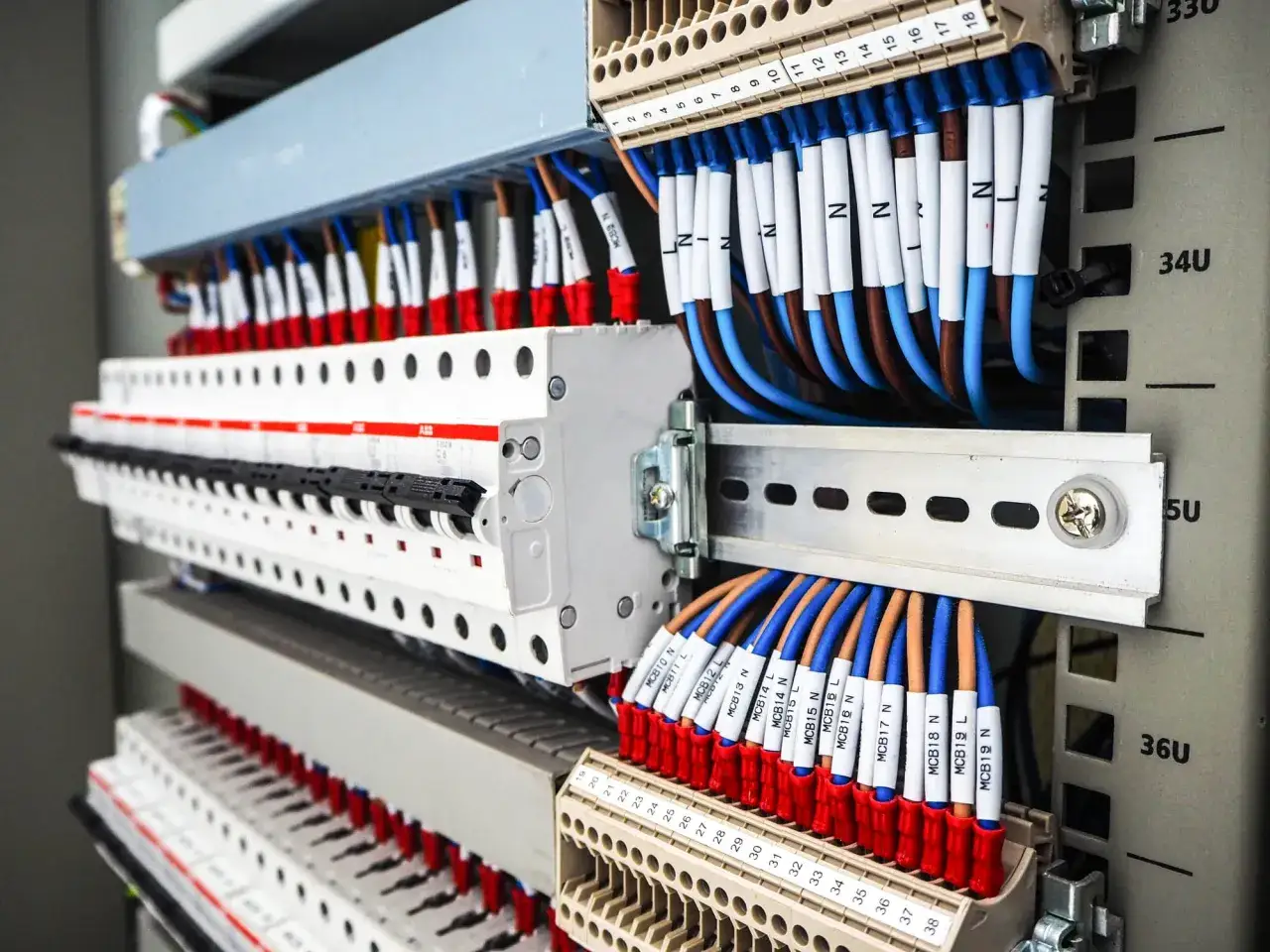 Pannello elettrico con cavi ordinati e numerati, un esempio di come funziona un plc.