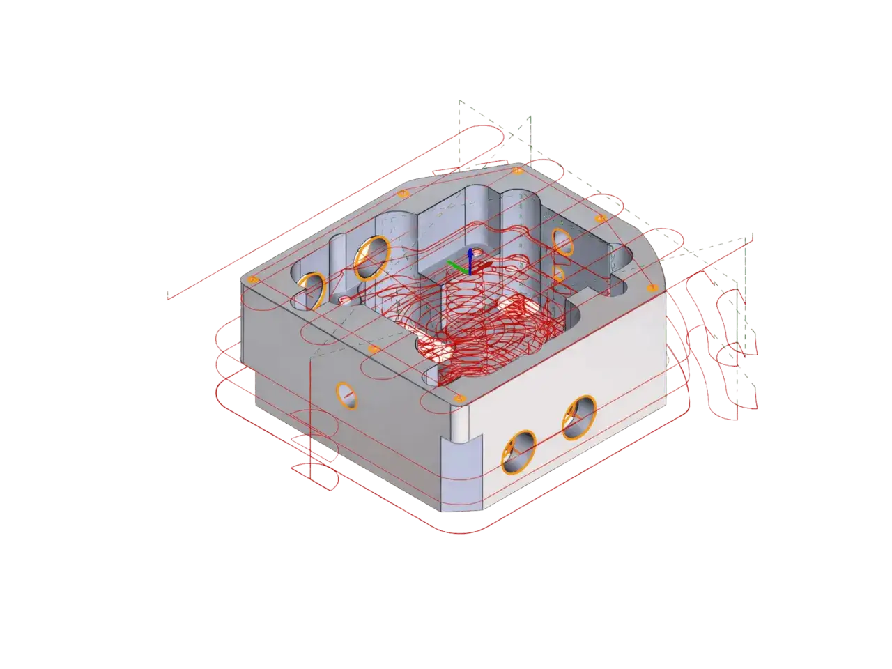 Modello 3D di un componente meccanico con percorsi utensile rossi, visualizzato da un disegnatore CAD CAM.