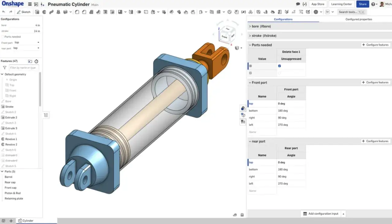 Modello 3D di un cilindro pneumatico in Onshape, con pannelli che mostrano le configurazioni e le caratteristiche. Il significato parametrico è evidente nella flessibilità di modifica di bore e stroke.