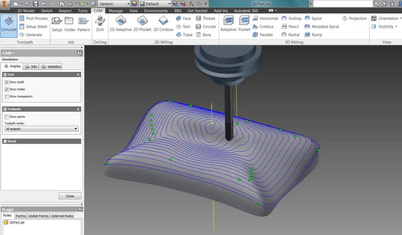 Simulazione di un percorso utensile su un pezzo con fresa cnc.