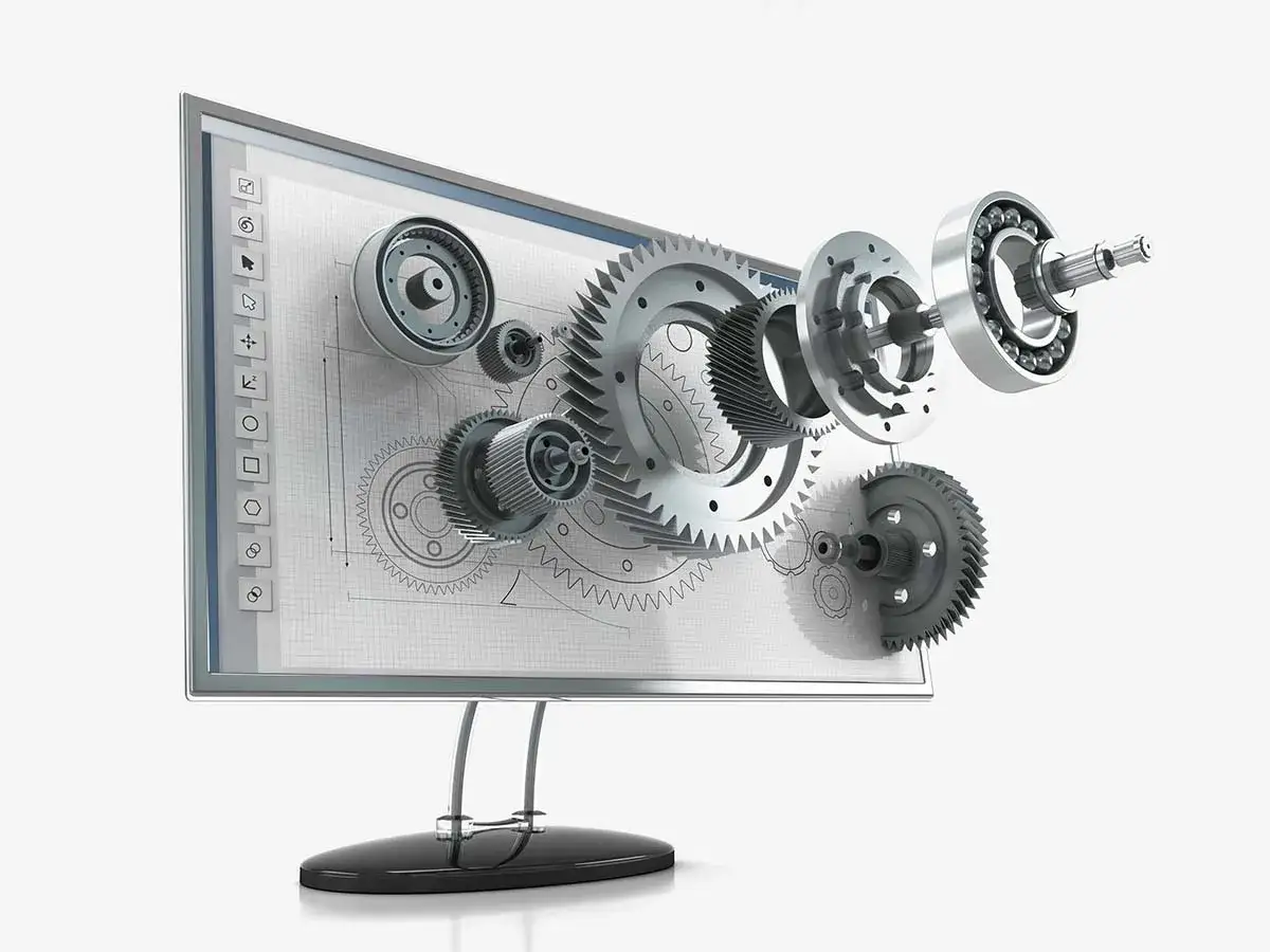 Un inventor usa AutoCAD per visualizzare ingranaggi e cuscinetti esplosi su un monitor, con schizzi tecnici sullo sfondo.
