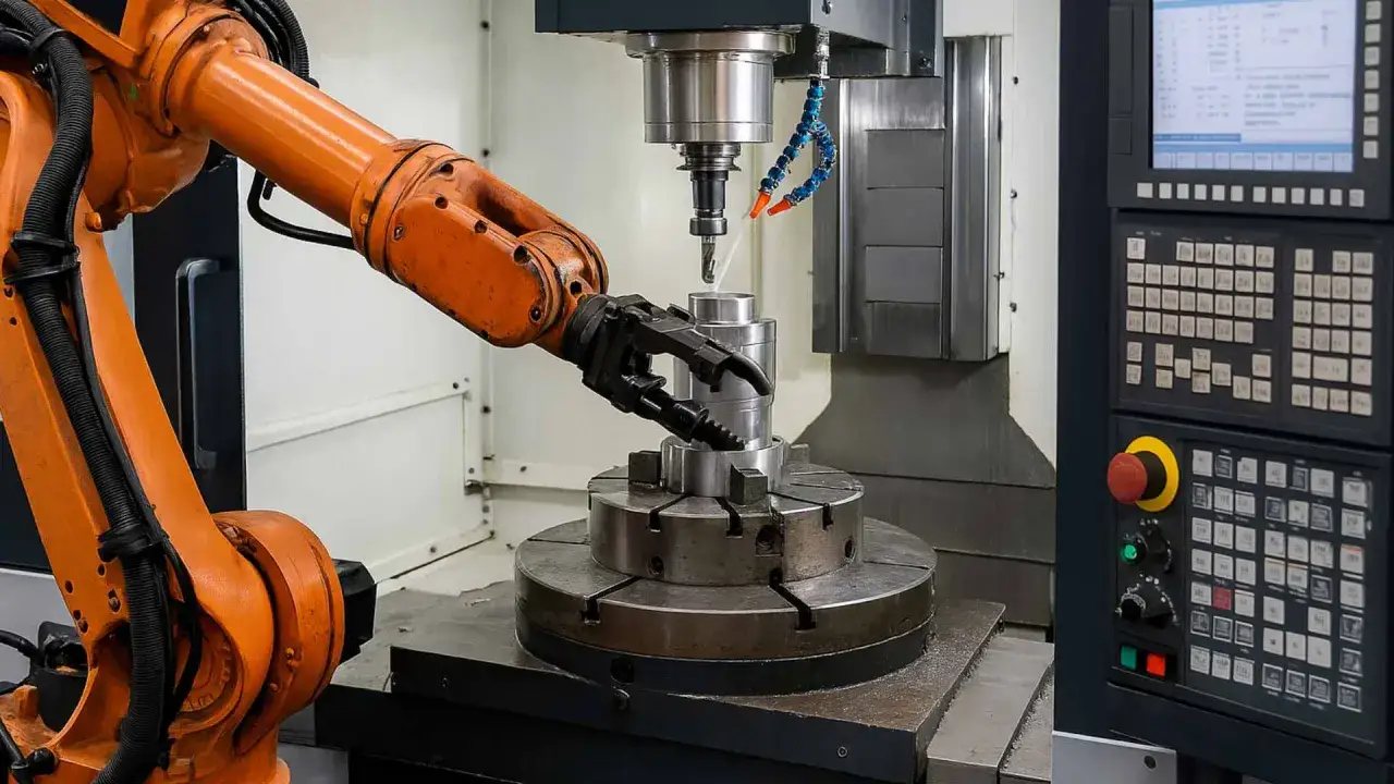 Braccio robotico arancione interagisce con un pezzo metallico su una macchina utensile. L'acronimo CNC indica il controllo numerico computerizzato, fondamentale per la precisione.