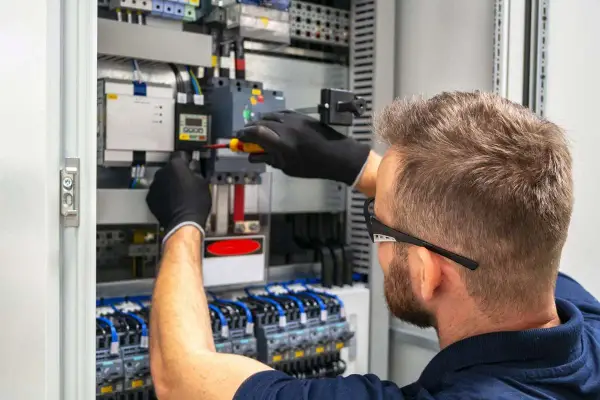 Tecnico con guanti neri lavora su un quadro elettrico, con un cacciavite su un componente. Il suo lavoro con il plc è fondamentale per l'automazione.