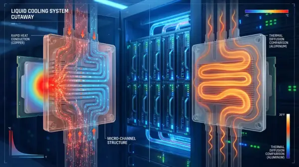 Confronto tra sistemi di raffreddamento a liquido: il rame dissipa il calore rapidamente, mentre l'alluminio mostra una diffusione termica più lenta.