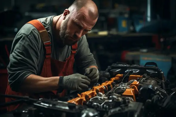 Meccanico esperto al lavoro su un motore. Scopri quanto guadagna un meccanico in proprio con dedizione e competenza.
