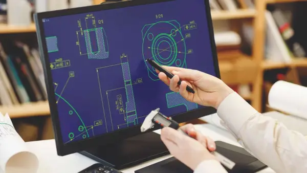 Un programmatore CAD CAM analizza un disegno tecnico su schermo, usando uno stilo e un calibro per misurare dettagli.