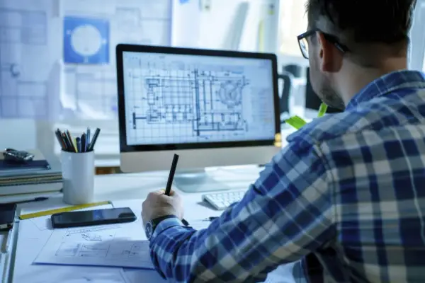 Un disegnatore CAD lavora al computer, concentrato sui progetti. Lo stipendio di un disegnatore CAD varia in base all'esperienza.