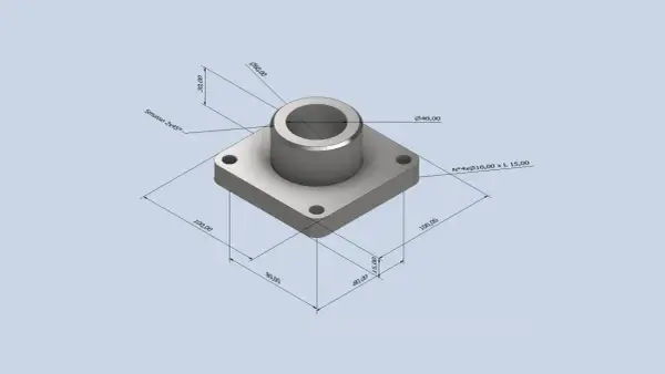 Disegno tecnico di un componente con quote, ideale per esercitazioni Inventor. Base quadrata 100x100mm, altezza 30mm, con foro centrale Ø40mm e diametro esterno Ø60mm.