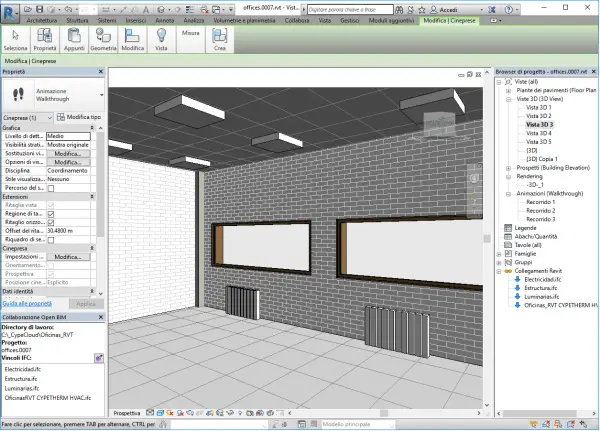 Vista 3D di un progetto di interni, con mattoni grigi e finestre. Il pannello "Proprietà" mostra opzioni per la "messa in tavola inventor".