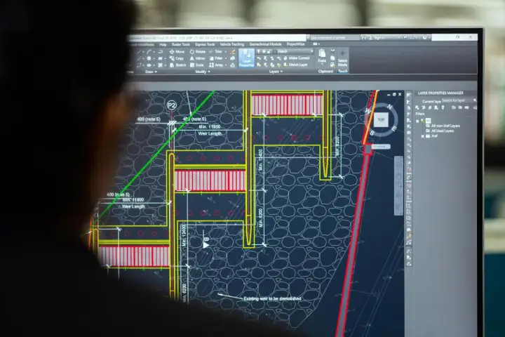 Un ingegnere analizza un progetto di ingegneria civile su AutoCAD, mostrando cos'è questo software per la progettazione.