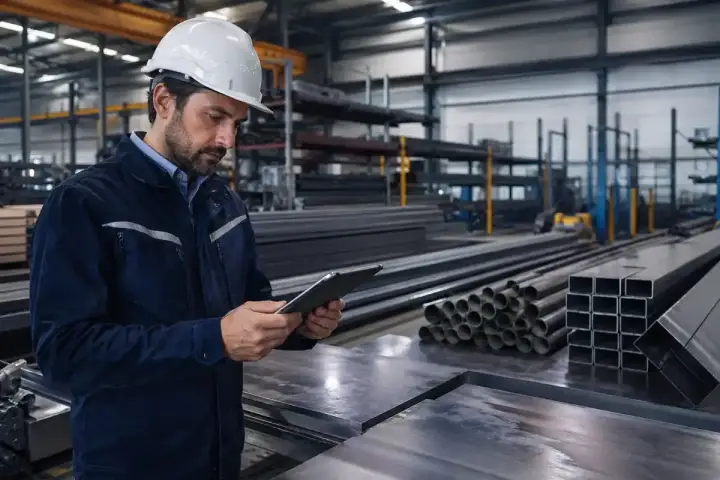 Operaio in fabbrica con tablet, controlla il "nesting significato" per ottimizzare il taglio dei metalli.