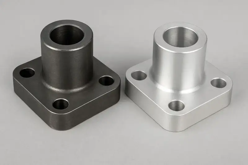 Due flange quadrate, una scura in cromo molibdeno e una chiara in alluminio, su sfondo grigio.