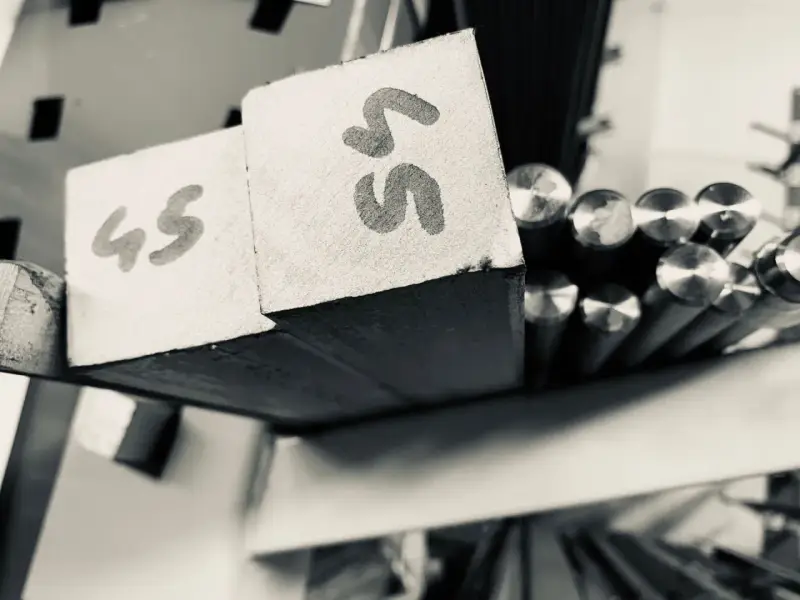 Blocchi di metallo con numeri "45" e "55" scritti sopra, pronti per essere lavorati. Accanto, barre di acciaio inossidabile aisi 309 lucide.