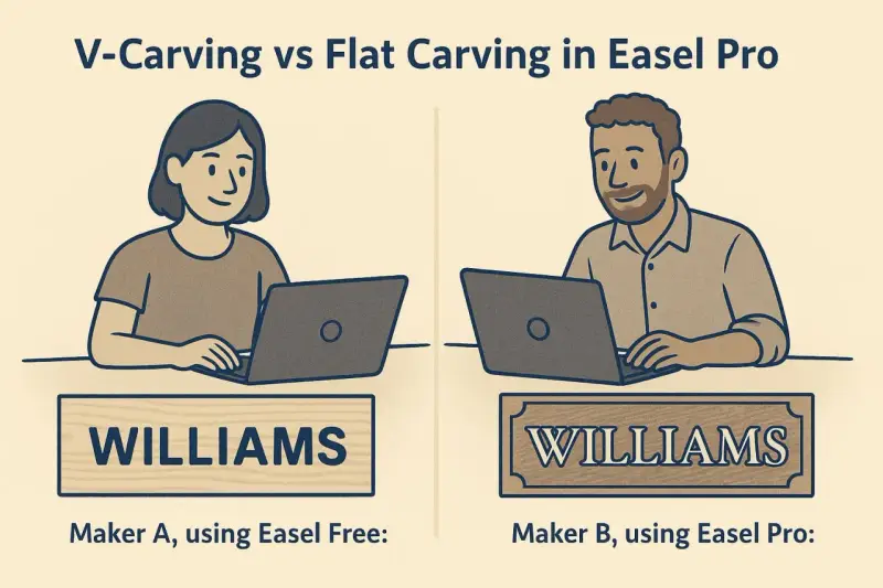 Due persone usano un computer per creare incisioni su legno con Easel Pro. Una mostra un'incisione piatta, l'altra una V-carving.