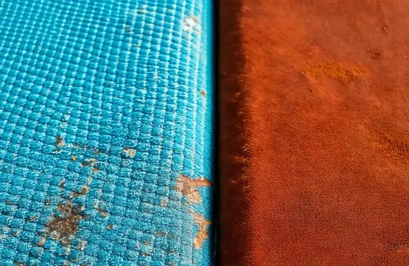 Dettaglio di un test di **salt spray** su due materiali: uno blu con macchie di corrosione, l'altro arancione.